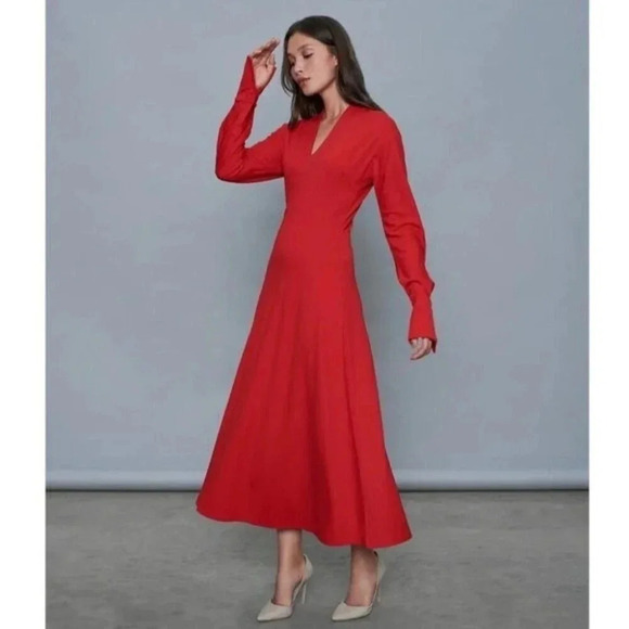 Winser London Flared Bow Detail Midi Dress Red - Picture 1 of 14